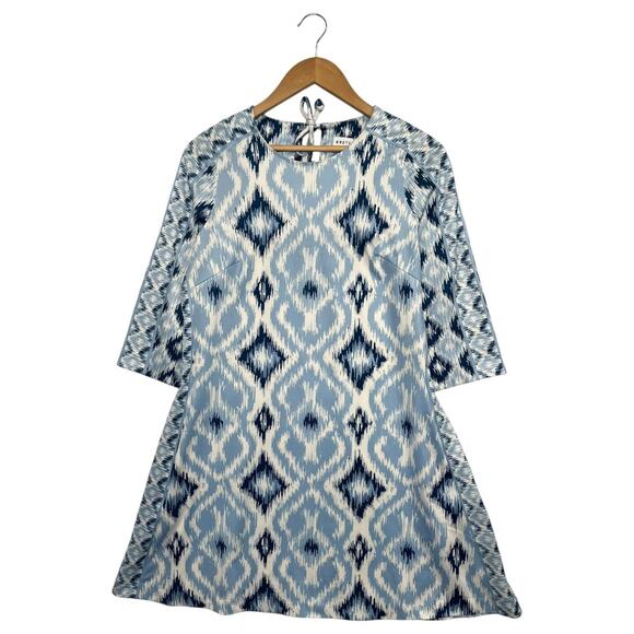 Gretchen Scott Dress Womens Small Blue White Ikat 3/4 Sleeve Shift Pockets - Picture 1 of 15